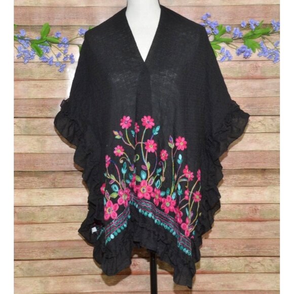 None Sweaters - Womens Black Embroidered Floral Open Front Cover Up Cardigan Plus Size 4X Ruffle